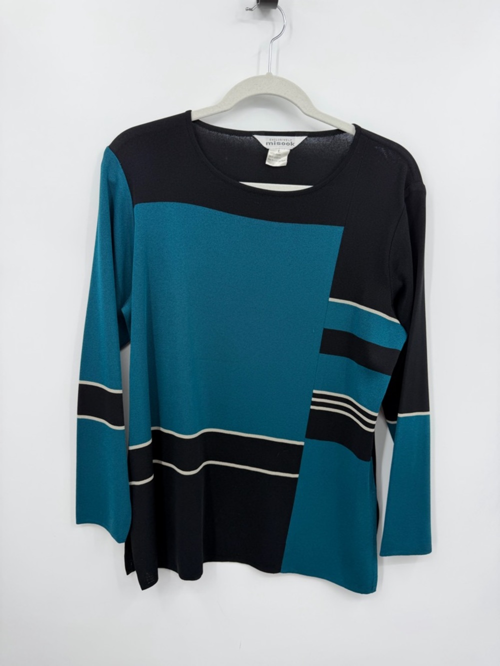 Exclusively Misook long sleeve knit top stripes teal black sz L